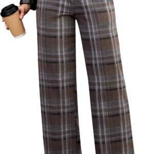 Plaid Pants for Women Wide Leg High Waisted Tartan Work Business Casual Elastic Waist Trousers Pants with Pocket