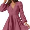 Mini Deep V Sexy Long Sleeve Dress for Women A-line High Waisted Casual Flowy Dress for Cocktail Wedding Guest
