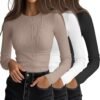 3 Pack Women's Ribbed Long Sleeve Tops. Crew Neck Slim Fit Undershirts Knit Basic Casual Stretch Layering Tee Shirts
