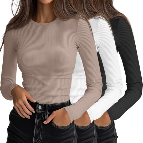 3 Pack Women's Ribbed Long Sleeve Tops. Crew Neck Slim Fit Undershirts Knit Basic Casual Stretch Layering Tee Shirts