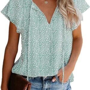 03d4e5c393d7414c88979b56ea7f4d87 Women's Casual Floral Print V Neck Ruffle Short Sleeve Summer Shirts Tops Loose Blouses