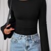 Women's Long Sleeve Shirts 2025 Fall Crop Going Out Tops Casual Boat Neck Bell Sleeve Ribbed Ruched Y2K Clothes