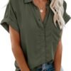 Womens Button Down Shirts Short Sleeve Linen Style Cotton Collared Button Up Casual Blouses Oversized Tops with Pocket