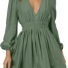 Mini Deep V Sexy Long Sleeve Dress for Women A-line High Waisted Casual Flowy Dress for Cocktail Wedding Guest
