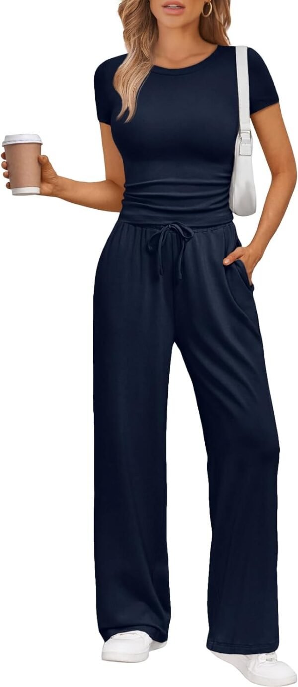 2 Piece Matching Summer Sweatsuit Lounge Set Womens Wide Leg Pants Side Ruching Crop Top Sets