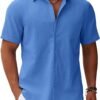 Men's Button Down Short Sleeve Shirt Casual Cotton Summer Beach Linen Wedding Shirts with Pocket