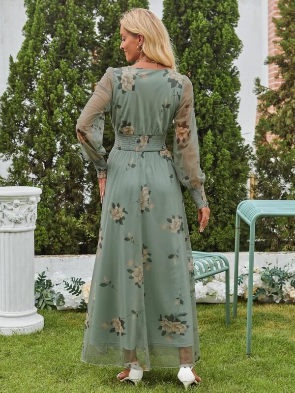 Women's Floral Maxi Dress 2025 Fall V Neck Puff Long Sleeve Flowy Casual Wedding Guest Tee Party Tulle Dresses