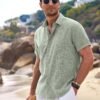 Men's Linen Shirts Short Sleeve Casual Shirts Button Down Shirt for Men Beach Summer Wedding Shirt