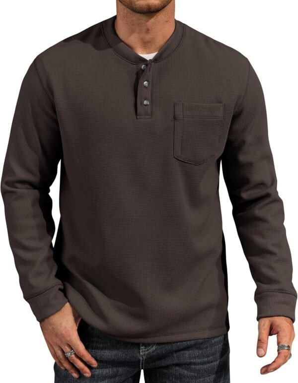 Mens Waffle Fleece-Lined Henley Shirts Heavyweight Thermal Long Sleeve Casual Solid Pullover (S-XXL)