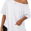 Womens Off The Shoulder Tops Oversized T-Shirts Short Sleeve Tees Summer 2025 Casual Spring Fashion Clothes