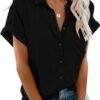 Womens Button Down Shirts Short Sleeve Linen Style Cotton Collared Button Up Casual Blouses Oversized Tops with Pocket