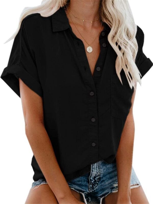 Womens Button Down Shirts Short Sleeve Linen Style Cotton Collared Button Up Casual Blouses Oversized Tops with Pocket