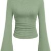Women's Long Sleeve Shirts 2025 Fall Crop Going Out Tops Casual Boat Neck Bell Sleeve Ribbed Ruched Y2K Clothes