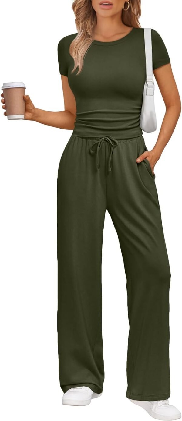 2 Piece Matching Summer Sweatsuit Lounge Set Womens Wide Leg Pants Side Ruching Crop Top Sets