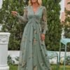 Women's Floral Maxi Dress 2025 Fall V Neck Puff Long Sleeve Flowy Casual Wedding Guest Tee Party Tulle Dresses