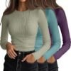 3 Pack Women's Ribbed Long Sleeve Tops. Crew Neck Slim Fit Undershirts Knit Basic Casual Stretch Layering Tee Shirts