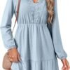 Fall Dresses for Women 2025 Elegant Lace Hollow Out Embroidered V Neck Long Sleeve Casual A-Line Swing Mini Dress