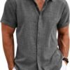 Men's Linen Shirts Short Sleeve Casual Shirts Button Down Shirt for Men Beach Summer Wedding Shirt