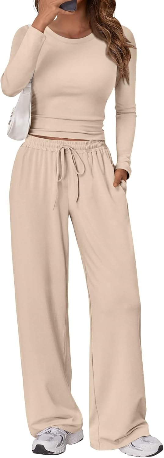 Women's 2 Piece Matching Lounge Set Long Sleeve Slightly Crop Top Wide Leg Pants Casual Sweatsuit