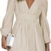 Mini Deep V Sexy Long Sleeve Dress for Women A-line High Waisted Casual Flowy Dress for Cocktail Wedding Guest