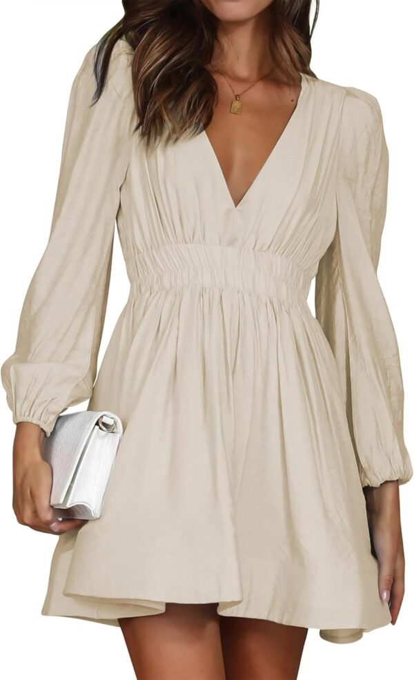 Mini Deep V Sexy Long Sleeve Dress for Women A-line High Waisted Casual Flowy Dress for Cocktail Wedding Guest