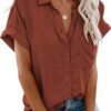 Womens Button Down Shirts Short Sleeve Linen Style Cotton Collared Button Up Casual Blouses Oversized Tops with Pocket
