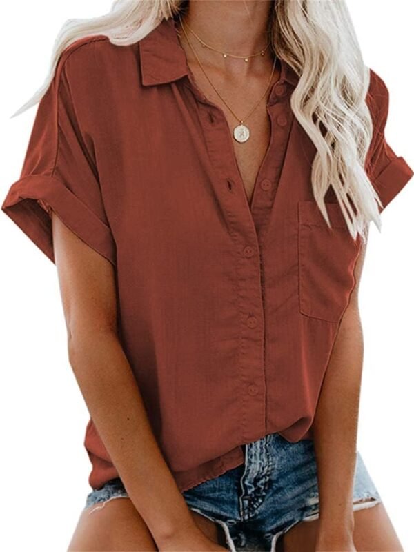 Womens Button Down Shirts Short Sleeve Linen Style Cotton Collared Button Up Casual Blouses Oversized Tops with Pocket
