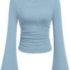 Women's Long Sleeve Shirts 2025 Fall Crop Going Out Tops Casual Boat Neck Bell Sleeve Ribbed Ruched Y2K Clothes