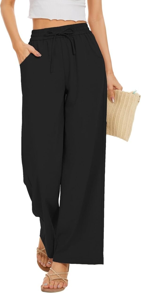 25e699534fba4f8eb0ab6c6c3c168826 Women Flowy Pants Drawstring Waist Wide Leg Palazzo Beach Pants Loose Fit with Pockets