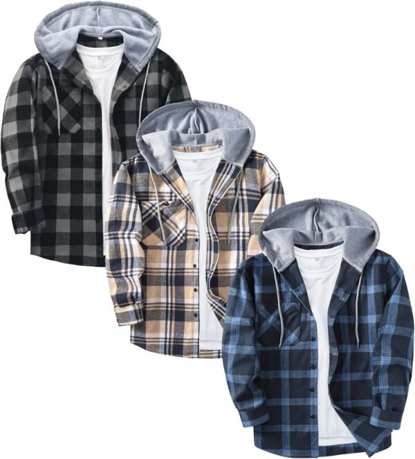 3 Pack Men's Flannel Hoodie Shirts Long Sleeve Casual Vintage Button Down Plaid Shirt Jacket with Pocket
