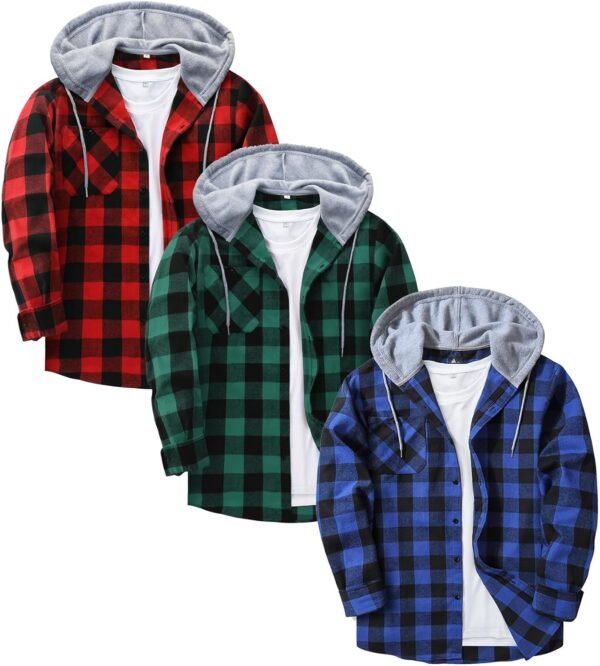 3 Pack Men's Flannel Hoodie Shirts Long Sleeve Casual Vintage Button Down Plaid Shirt Jacket with Pocket