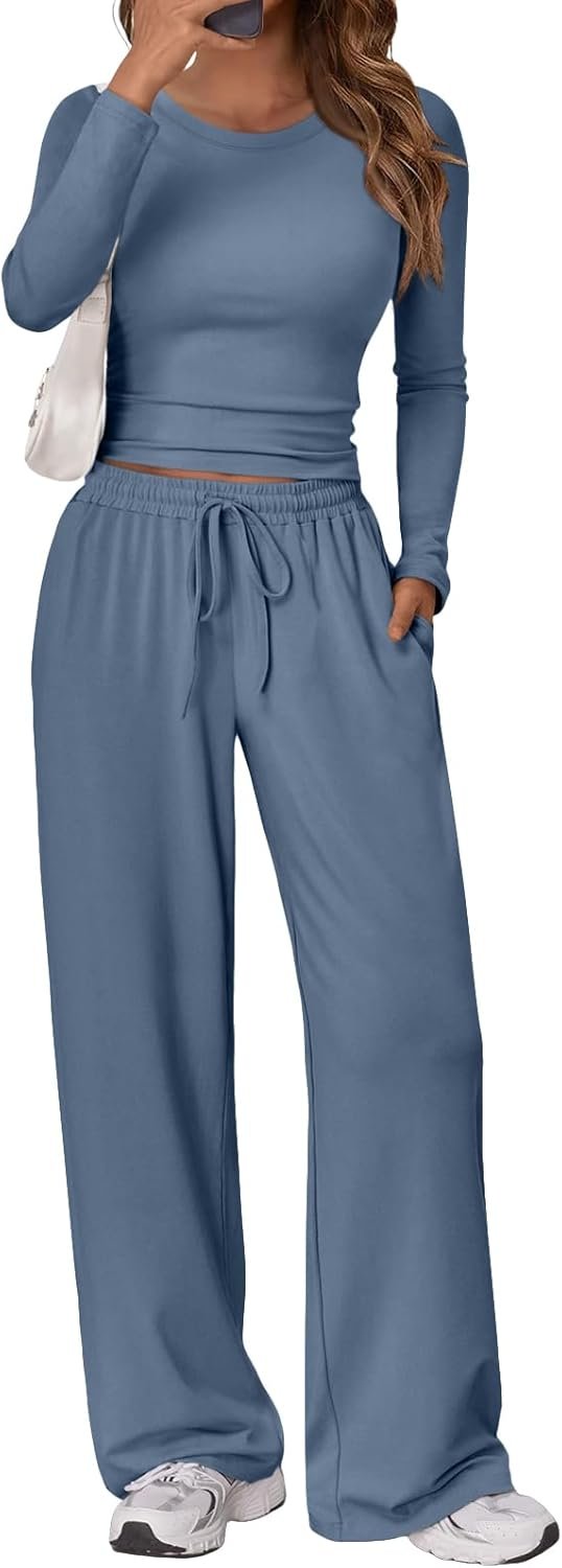 Women's 2 Piece Matching Lounge Set Long Sleeve Slightly Crop Top Wide Leg Pants Casual Sweatsuit