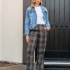 Plaid Pants for Women Wide Leg High Waisted Tartan Work Business Casual Elastic Waist Trousers Pants with Pocket