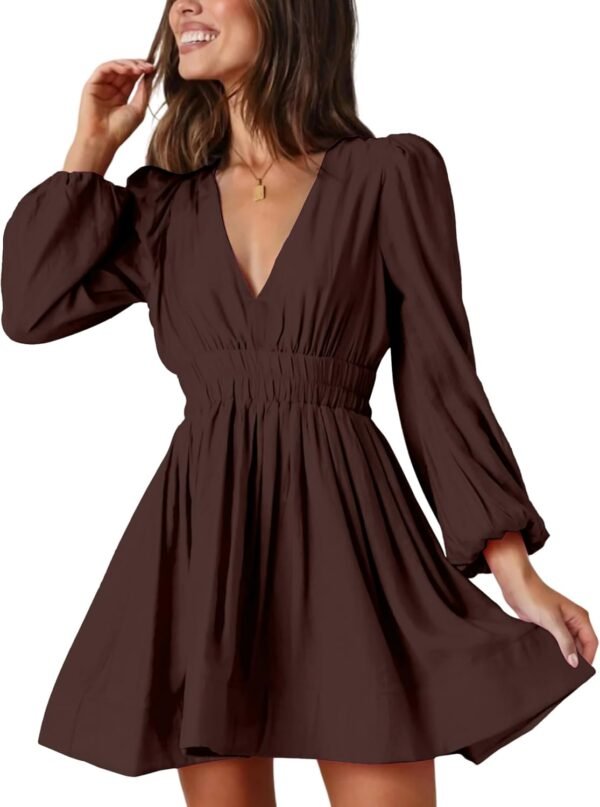 Mini Deep V Sexy Long Sleeve Dress for Women A-line High Waisted Casual Flowy Dress for Cocktail Wedding Guest