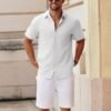 Men's Button Down Short Sleeve Shirt Casual Cotton Summer Beach Linen Wedding Shirts with Pocket