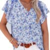 Women's Casual Floral Print V Neck Ruffle Short Sleeve Summer Shirts Tops Loose Blouses