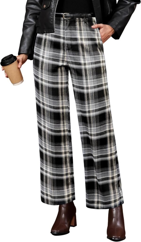 Plaid Pants for Women Wide Leg High Waisted Tartan Work Business Casual Elastic Waist Trousers Pants with Pocket
