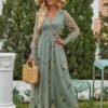 Women's Floral Maxi Dress 2025 Fall V Neck Puff Long Sleeve Flowy Casual Wedding Guest Tee Party Tulle Dresses