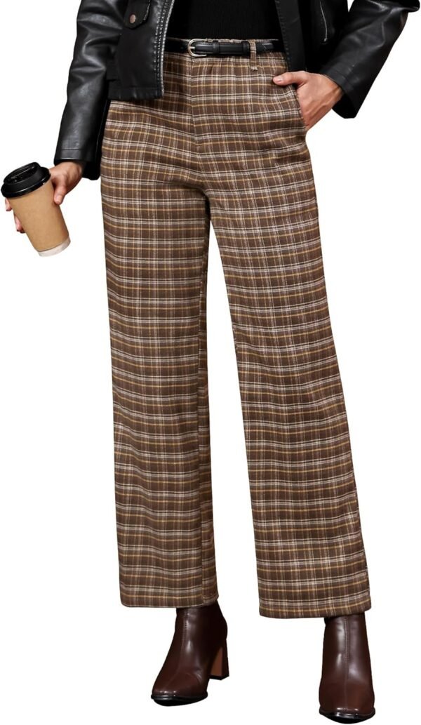 Plaid Pants for Women Wide Leg High Waisted Tartan Work Business Casual Elastic Waist Trousers Pants with Pocket
