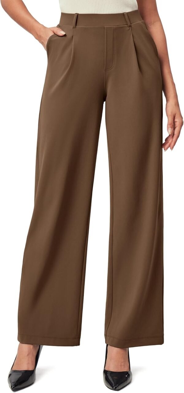 Womens Dress Pants Wide Leg Pull On Stretchy Work Pants Women High Waisted Business Casual Trousers with Pockets