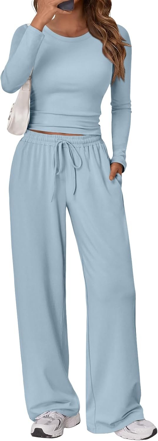 Women's 2 Piece Matching Lounge Set Long Sleeve Slightly Crop Top Wide Leg Pants Casual Sweatsuit
