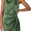 40a7ffd2a702401aa4452666164cb235 Women's Short Formal Satin Dress Summer Sleeveless Mock Neck Tie Waist Cocktail Party Dresses