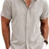 Men's Linen Shirts Short Sleeve Casual Shirts Button Down Shirt for Men Beach Summer Wedding Shirt