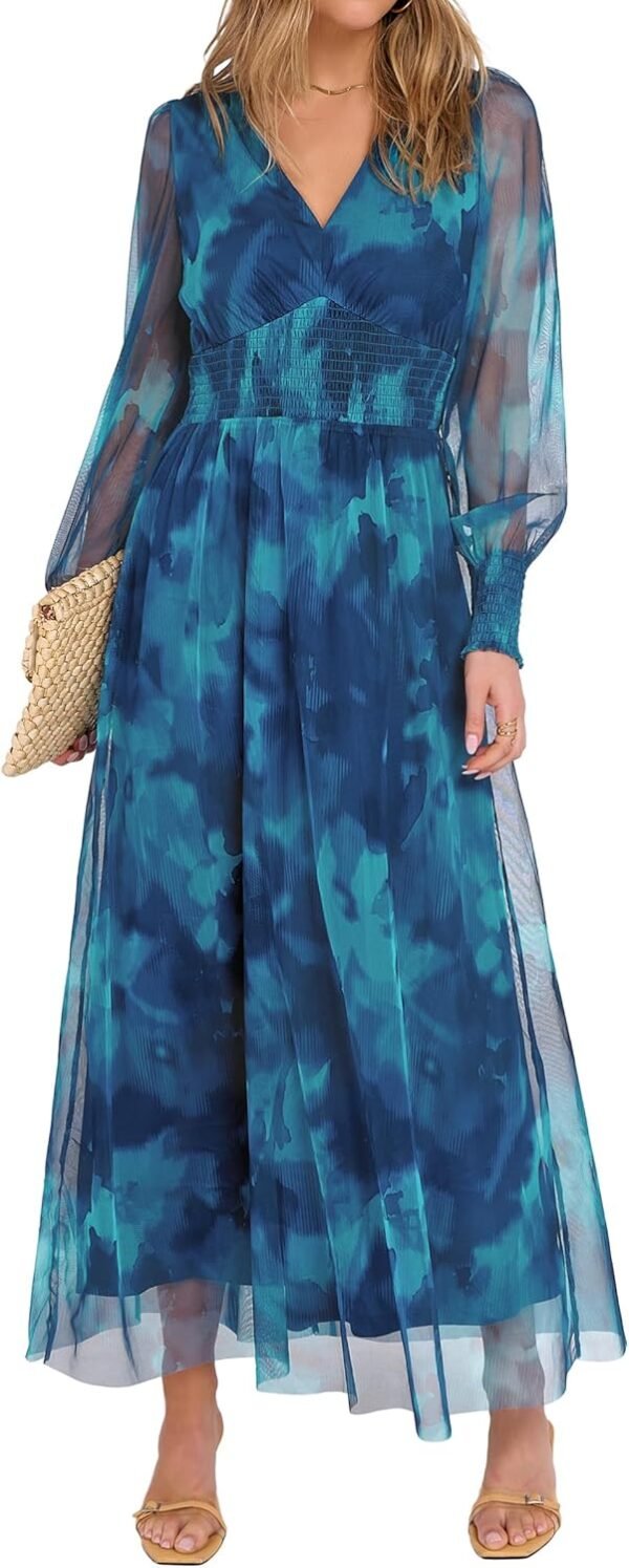 Women's Floral Maxi Dress 2025 Fall V Neck Puff Long Sleeve Flowy Casual Wedding Guest Tee Party Tulle Dresses