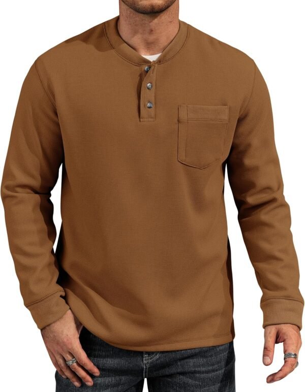 Mens Waffle Fleece-Lined Henley Shirts Heavyweight Thermal Long Sleeve Casual Solid Pullover (S-XXL)