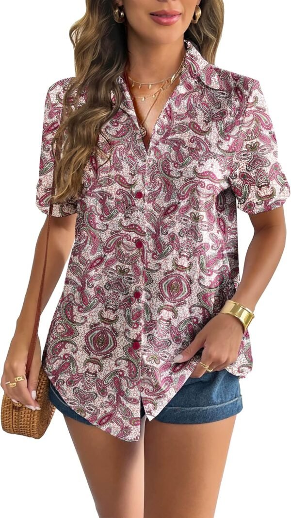 Women Linen Button Down Shirt Rolled Cuffed Short Sleeve Blouse Ladies Summer Casual V Neck Beach Cotton Tops