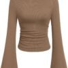Women's Long Sleeve Shirts 2025 Fall Crop Going Out Tops Casual Boat Neck Bell Sleeve Ribbed Ruched Y2K Clothes