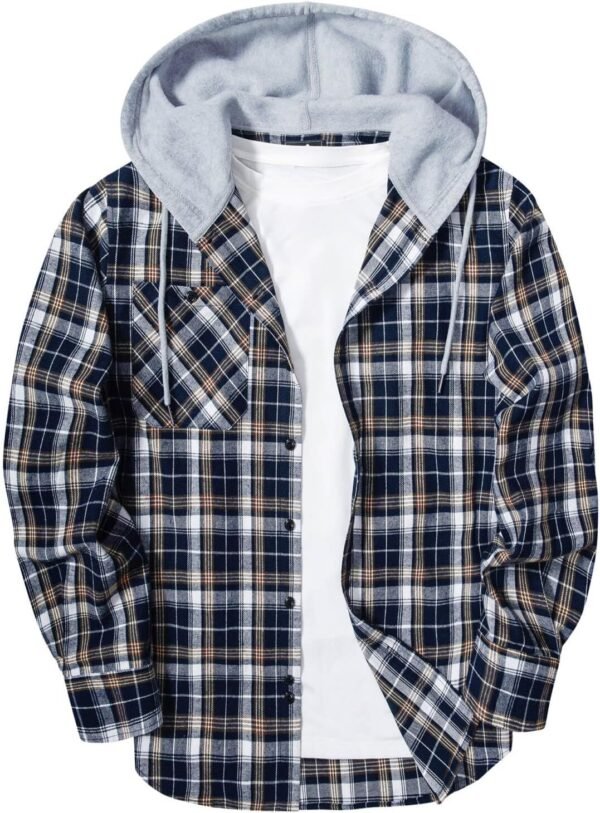 Men's Flannel Hoodie Shirts Casual Button Down Plaid Shirt Jackets for Men Long Sleeve Stylish Hooded with Pocket