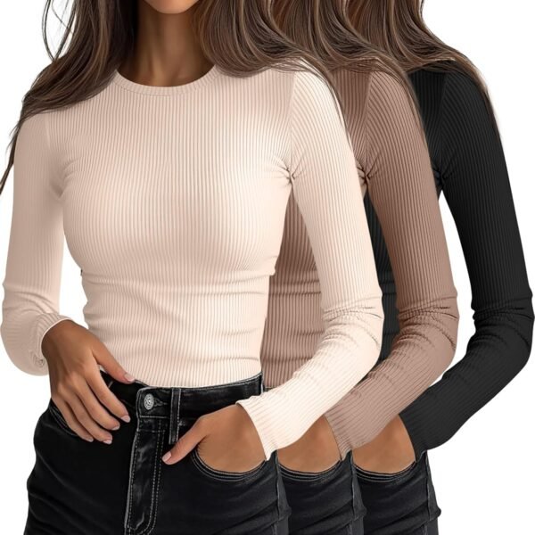3 Pack Women's Ribbed Long Sleeve Tops. Crew Neck Slim Fit Undershirts Knit Basic Casual Stretch Layering Tee Shirts