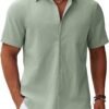 Men's Button Down Short Sleeve Shirt Casual Cotton Summer Beach Linen Wedding Shirts with Pocket